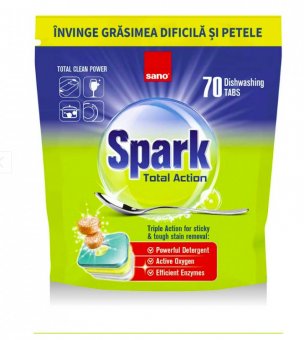 Detergent pentru vase capsule Sano Spark Total Action 70 bucati